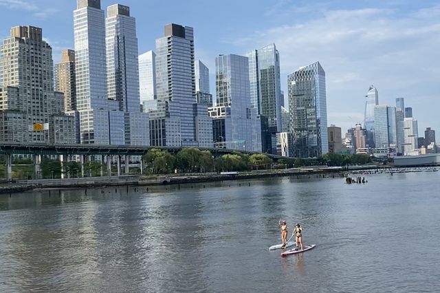 Two paddle boarders in the Hudson River, with backdrop of West Side skyscrapers